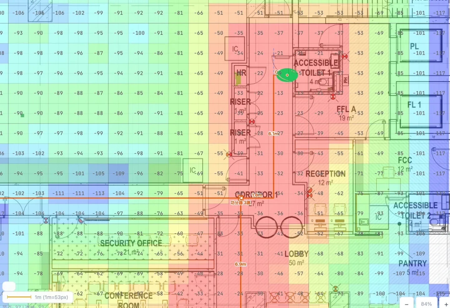 Coverage health report · measured dBm per point